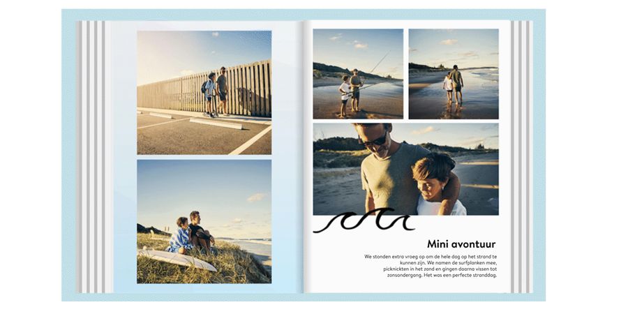 Een gif van een opengeslagen fotoboek met afbeeldingen van een man en zijn zoon op het strand, met op de rechterpagina een geanimeerde tekst.