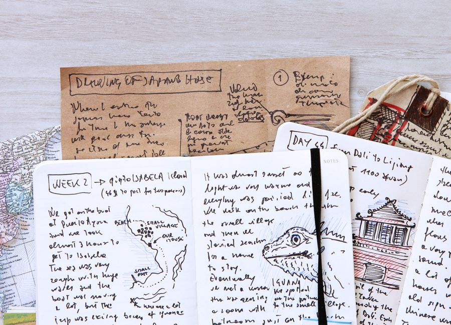 Een foto van losse pagina's uit een reisdagboek met schetsen en dagboekaantekeningen.