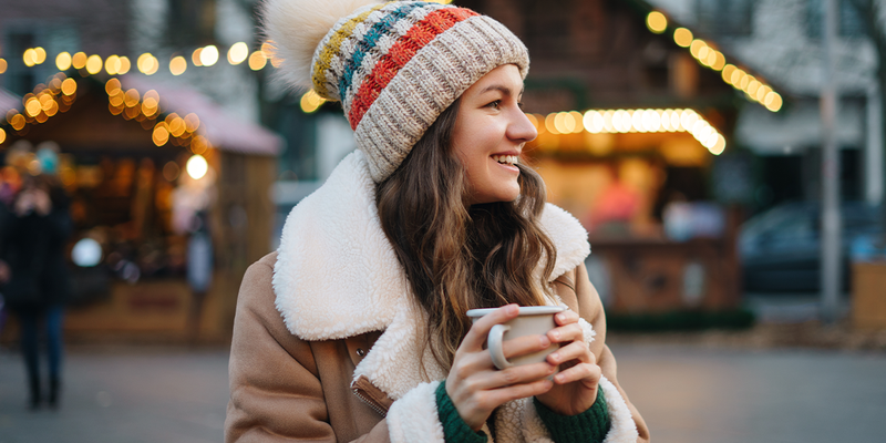 Vrouw in een pluizige jas en muts met een mok in haar hand op een kerstmarkt, met feestelijke lichtjes en huisjes op de achtergrond, ter illustratie van albelli’s gids voor de mooiste kerstmarkten van Europa.