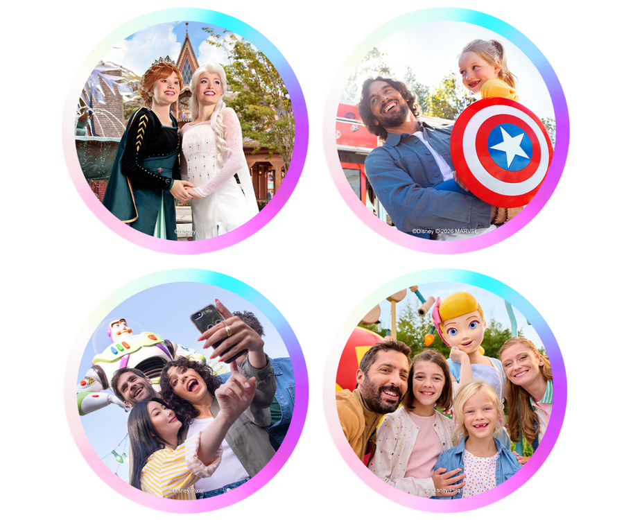 Een afbeelding die de verschillende themawerelden van het nieuwe Adventureland-park in Disneyland Paris laat zien, van magische momenten en spannende avonturen tot onvergetelijke tijden met vrienden en bijzondere familiemomenten.