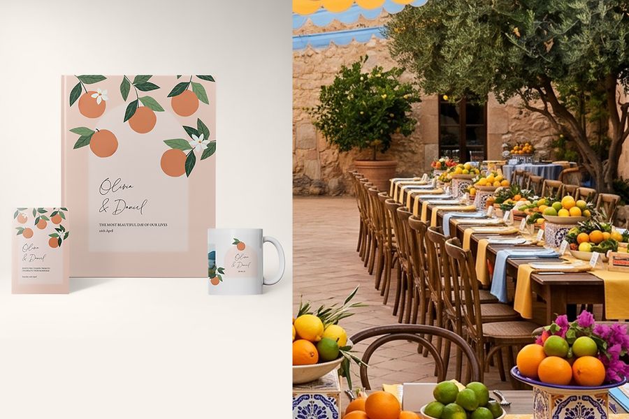 De modern orchard trouwontwerpen van albelli staan naast trouwtafels met veel fruit en citroenbomen, en benadrukken mediterrane styling, citrusdetails en bruiloft trends 2026.