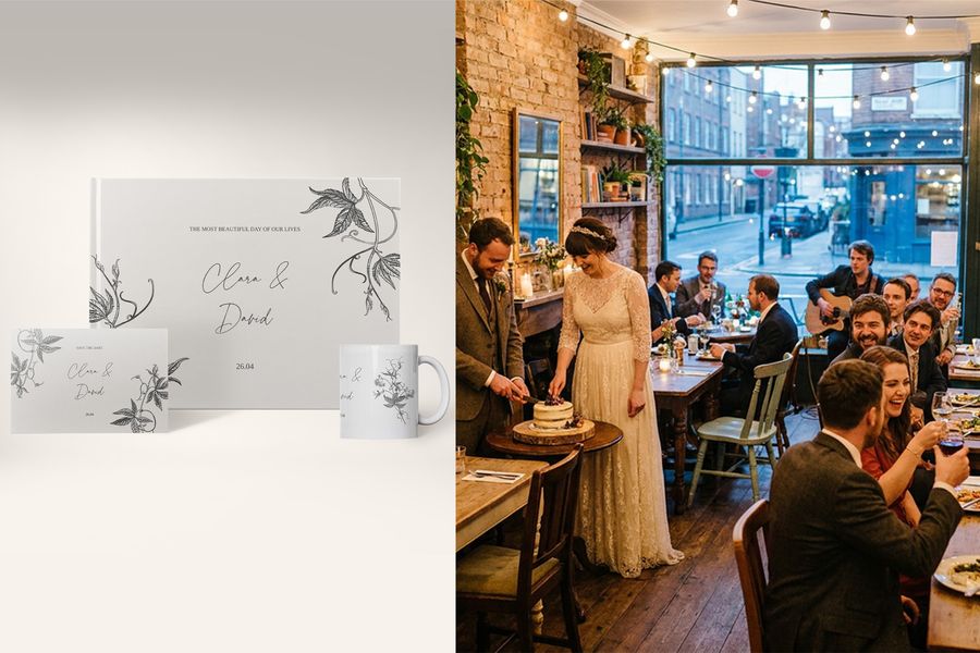 De Ink & Ivy whimsical storyboard trouwontwerpen van albelli staan op een fotoboek, kaart en mok naast een informele trouwreceptie waarbij het bruidspaar de taart aansnijdt, en benadrukken fijne lijntekeningen, handgetekende details en bruiloft trends 2026.