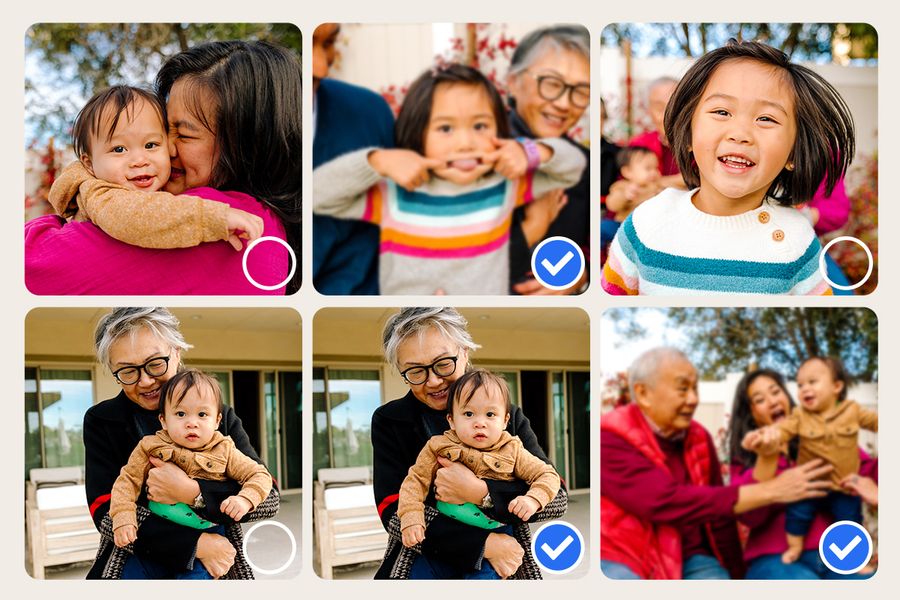 Een verzameling bijna identieke foto's toont meerdere opnames van hetzelfde gezin, ter illustratie van albelli's snelste manieren om opslagruimte vrij te maken door duplicaten op te ruimen.