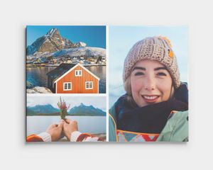 Een collage op canvas met twee landschapsfoto's en een foto van een lachende persoon.