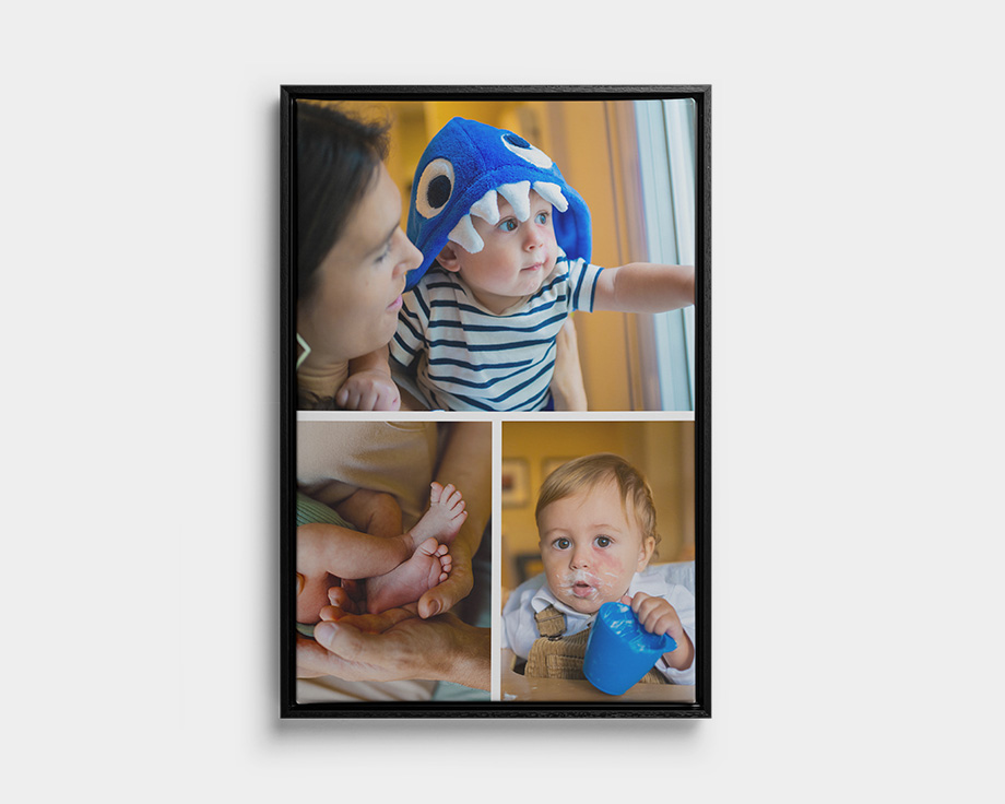 Ingelijste collage op canvas met drie foto's van een kind