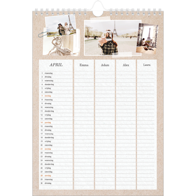 A4 Familieplanners — Natuurlijke handcraft - gezinsplanner 4 personen [April]