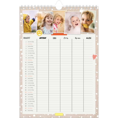 A4 Familieplanners — Rustiek - gezinsplanner 5 personen [Maart]