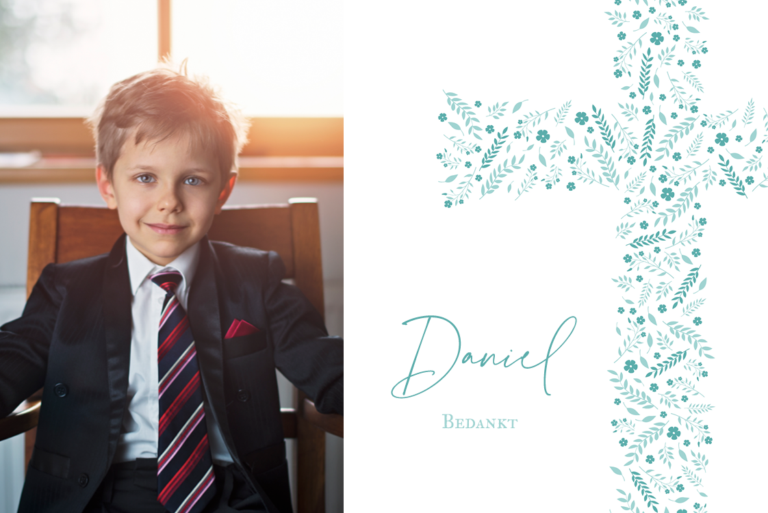 Bedankkaarten — Bloemvormig kruis groenblauw