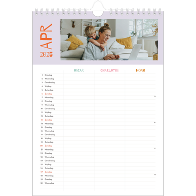 A4 Familieplanners — Vrolijk & kleurrijk - gezinsplanner 3 personen [April]