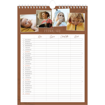 A4 Familieplanners — Warme aardetinten - gezinsplanner 4 personen [Februari]