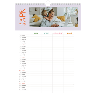 A3 Familieplanners — Vrolijk & kleurrijk - gezinsplanner 4 personen [April]