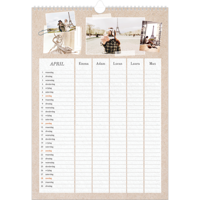 A3 Familieplanners — Natuurlijke handcraft - gezinsplanner 5 personen [April]