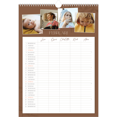 A3 Familieplanners — Warme aardetinten - gezinsplanner 5 personen [Februari]