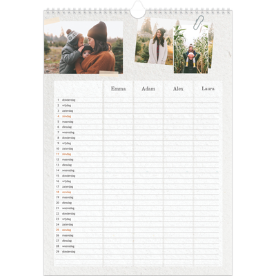 A3 Familieplanners — Natuurlijke handcraft - gezinsplanner 4 personen [Februari]