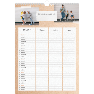 A3 Familieplanners — Natuurlijke handcraft - gezinsplanner 3 personen [Maart]