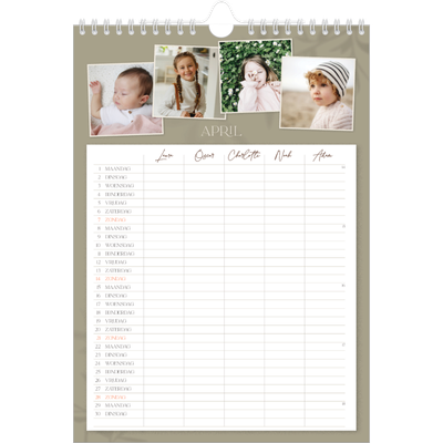 A4 Familieplanners — Warme aardetinten - gezinsplanner 5 personen [April]