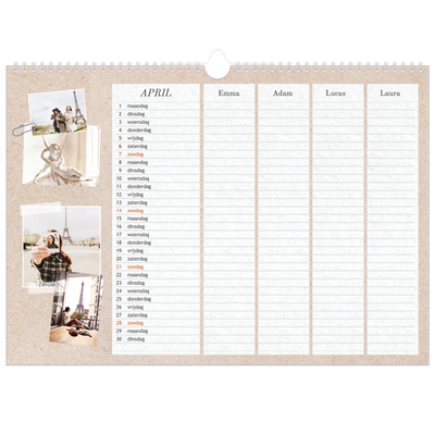 A3 Familieplanners — Natuurlijke handcraft - gezinsplanner 4 personen [April]